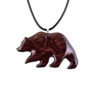 Wood Bear Necklace, Hand Carved Wooden Grizzly Bear Pendant for Men or Women, Spirit Animal Totem Jewelry Gift for Him Her