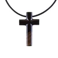 Hand Carved Wood Cross Necklace, Wooden Cross Pendant, Christian Jewelry for Men in Black with Brown Streaks