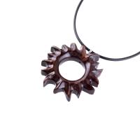 Hand Carved Sun Wooden Necklace, Celestial Sunburst Pendant, Solar Eclipse Wood Jewelry