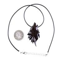 Wolf Wooden Necklace, Hand Carved Wood Wolf Head Pendant, Spirit Animal Totem, Woodland Jewelry in Black with Brown Streaks
