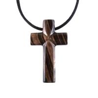 Hand Carved Wood Cross Necklace, Wooden Cross Pendant, Christian Jewelry for Men in Black with Brown Streaks