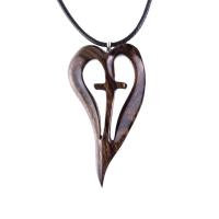 Women Cross Necklace, Wooden Heart Pendant, Hand Carved Wood Cross Necklace, 5th Anniversary Gift for Her, Christian Jewelry