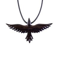 Raven Necklace, Hand Carved Wooden Crow Pendant for Men Women, Flying Bird Totem Wood Jewelry Gift in Black with Brown Streaks