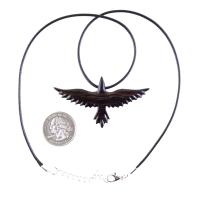 Raven Necklace, Hand Carved Wooden Crow Pendant for Men Women, Flying Bird Totem Wood Jewelry Gift in Black with Brown Streaks
