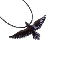 Raven Necklace, Hand Carved Wooden Crow Pendant for Men Women, Flying Bird Totem Wood Jewelry Gift in Black with Brown Streaks