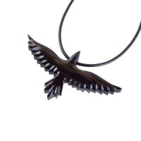 Raven Necklace, Hand Carved Wooden Crow Pendant for Men Women, Flying Bird Totem Wood Jewelry Gift in Black with Brown Streaks