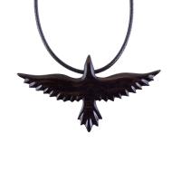 Raven Necklace, Hand Carved Wooden Crow Pendant for Men Women, Flying Bird Totem Wood Jewelry Gift in Black with Brown Streaks