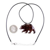 Wood Bear Necklace, Hand Carved Wooden Grizzly Bear Pendant for Men or Women, Spirit Animal Totem Jewelry Gift for Him Her