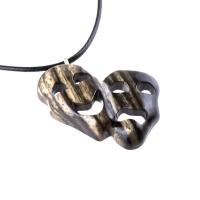Hand Carved Comedy Tragedy Mask Pendant Necklace, Handmade Wooden Drama Jewelry for Men Women