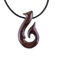 Hand Carved Fish Hook Pendant Necklace, Mens Wood Necklace, Handmade Fisherman Jewelry