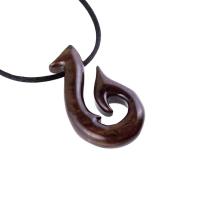 Hand Carved Fish Hook Pendant Necklace, Mens Wood Necklace, Handmade Fisherman Jewelry