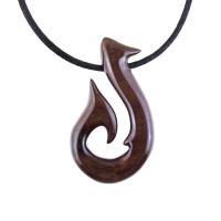 Hand Carved Fish Hook Pendant Necklace, Mens Wood Necklace, Handmade Fisherman Jewelry