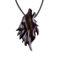 Wolf Wood Necklace, Hand Carved Wooden Wolf Head Pendant in Black with Brown Streaks