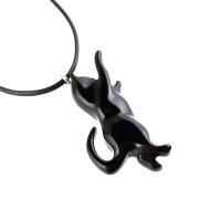 Hand Carved Black Cat Pendant, Wooden Kitten Necklace for Men or Women, Pet Animal Jewelry, Cat Lover Gift for Him Her