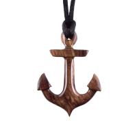 Hand Carved Wooden Anchor Pendant, Mens Wood Necklace, Handmade Nautical Jewelry Gift for Him