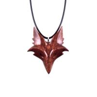 Hand Carved Red Wooden Fox Head Pendant with 18" black cord Necklace