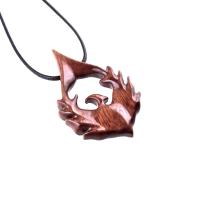 Hand Carved Wooden Phoenix Pendant Necklace, Fantasy Firebird Inspirational Wood Jewelry Gift for Him Her