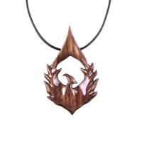 Wooden Phoenix Necklace, Hand Carved Firebird Pendant, Handmade Inspirational Wood Jewelry Gift for Her Him