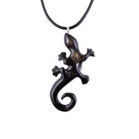 Black with cream streaks wooden lizard pendant with 18 inches black cord necklace with lobster clasp