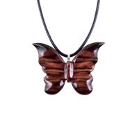 Reddish-brown reversible wooden butterfly pendant with 18 inches black cord necklace with lobster clasp.