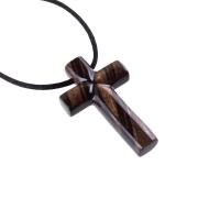 Hand Carved Wood Cross Necklace, Wooden Cross Pendant, Christian Jewelry for Men in Black with Brown Streaks