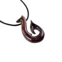 Hand Carved Fish Hook Pendant Necklace, Mens Wood Necklace, Handmade Fisherman Jewelry, One of a Kind Gift for Him