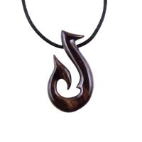 Hand Carved Fish Hook Pendant Necklace, Mens Wood Necklace, Handmade Fisherman Jewelry, One of a Kind Gift for Him