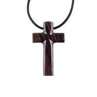 Hand Carved Wood Cross Necklace, Wooden Cross Pendant, Christian Jewelry for Men in Black with Brown Streaks