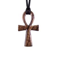 Reversible brown wooden ankh pendant with black satin cord.