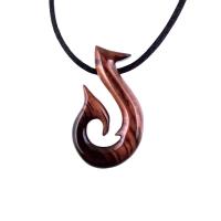 Reddish-Brown Wooden Fish Hook Pendant with 32 inches black satin cord necklace.