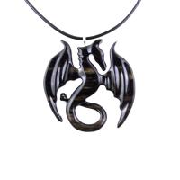 Dragon Necklace for Men Women, Hand Carved Wooden Dragon Pendant, Fantasy Wood Jewelry Gift for Her Him