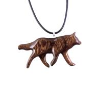 Brown reversible wooden walking wolf pendant with 18 inches black cord necklace with lobster clasp.