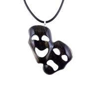 Black with cream streaks wooden comedy tragedy pendant with 18 inches black cord necklace with lobster clasp