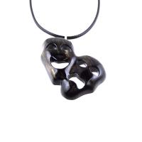 Hand Carved Comedy Tragedy Mask Pendant Necklace, Handmade Wooden Drama Jewelry for Men Women