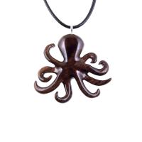 Brown reversible wooden octopus pendant with 18 inches black cord necklace with lobster clasp