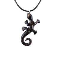 Black with cream streaks wooden lizard pendant with 18 inches black cord necklace with lobster clasp