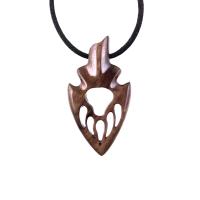 Brown reversible Wooden Pendant arrowhead with bear paw cut-out inside of it with black satin cord necklace