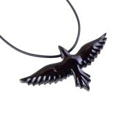 Raven Necklace, Hand Carved Wooden Crow Pendant for Men Women, Flying Bird Totem Wood Jewelry Gift in Black with Brown Streaks