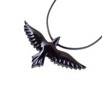 Raven Necklace, Hand Carved Wooden Crow Pendant for Men Women, Flying Bird Totem Wood Jewelry Gift in Black with Brown Streaks