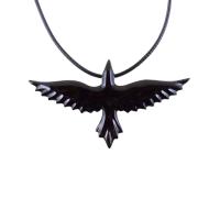Raven Necklace, Hand Carved Wooden Crow Pendant for Men Women, Flying Bird Totem Wood Jewelry Gift in Black with Brown Streaks