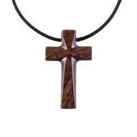 Reversible Brown Wooden Cross Pendant with black satin cord necklace.