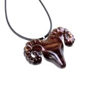 Ram Head Pendant Necklace, Hand Carved Wooden Sheep Jewelry, One-of-a-Kind Handmade Aries Gift for Him