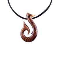 Hand Carved Fish Hook Pendant, Mens Wood Necklace, One of a Kind Wooden Fisherman Jewelry, Gift for Him