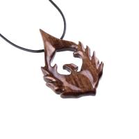 Wooden Phoenix Necklace, Hand Carved Firebird Pendant, Handmade Inspirational Wood Jewelry Gift for Her Him