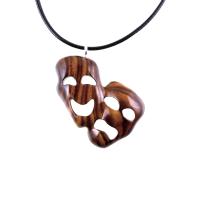 Hand Carved Comedy Tragedy Mask Necklace, Wooden Mask Pendant, Drama Necklace for Men or Women, Theatre Wood Jewelry