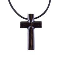 Hand Carved Wood Cross Necklace, Wooden Cross Pendant, Christian Jewelry for Men in Black with Brown Streaks
