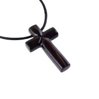 Hand Carved Wood Cross Necklace, Wooden Cross Pendant, Christian Jewelry for Men in Black with Brown Streaks