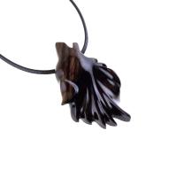 Wolf Wooden Necklace, Hand Carved Wood Wolf Head Pendant, Spirit Animal Totem, Woodland Jewelry in Black with Brown Streaks