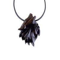 Wolf Wooden Necklace, Hand Carved Wood Wolf Head Pendant, Spirit Animal Totem, Woodland Jewelry in Black with Brown Streaks