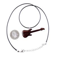 A wooden guitar pendant necklace with a black cord with silver lobster clasp. The guitar is dark reddish- brown with a wood grain pattern.
